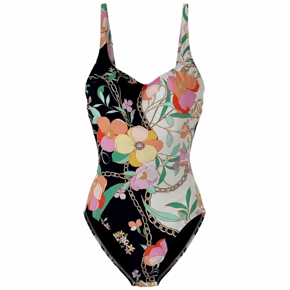 Gottex Women Floral Chain Print Square Neck OnePiece Swimsuit Multicolor Size 8